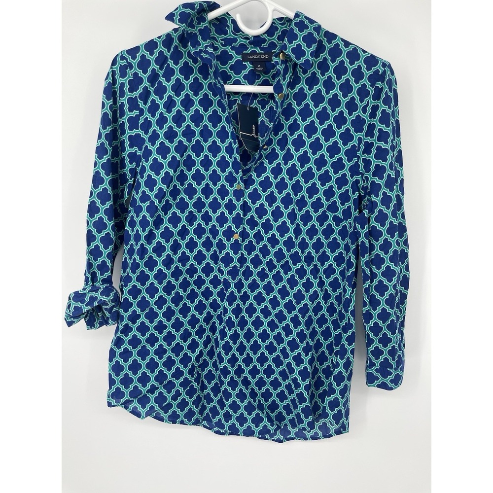 Lands' End Women Tunic Top Blue Green Gold Button Preppy Country Club Cotton 2